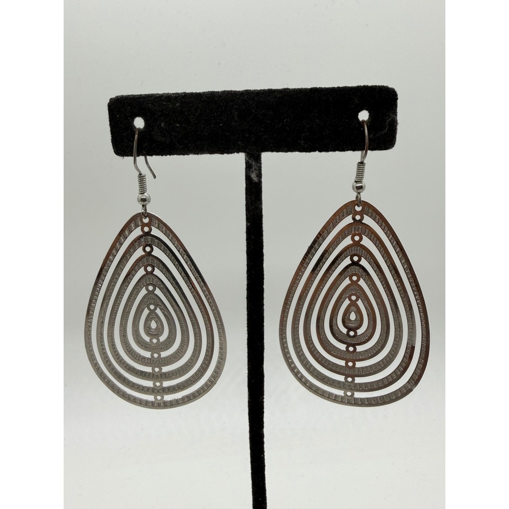 Silver Tone Concentric Cutout Teardrop Dangle Earrings Geometric Boho Style